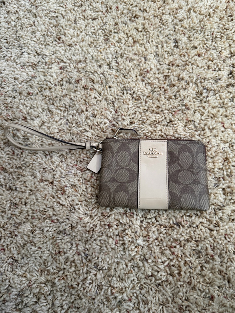 Coach Brown Signature Zip Wristlet with Cream Center Stripe